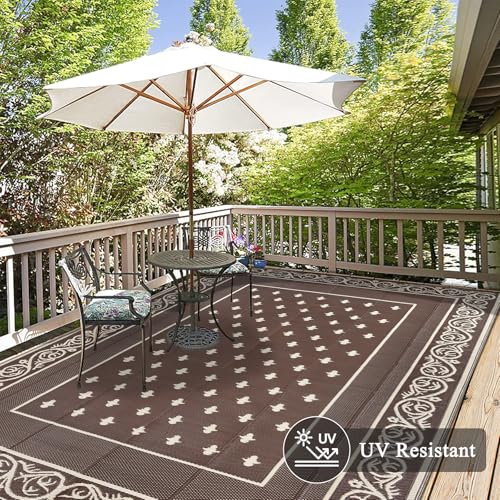 Pauwer Waterproof Outdoor Rug 8x10, Reversible Plastic Straw Patio Camping Rug, Indoor Outdoor RV Mat Carpet for Deck, Camper, Porch, Balcony, Backyard, Picnic, Bordered Brown - color: Bordered Brown, size: 8' x 10' (Rectangular)