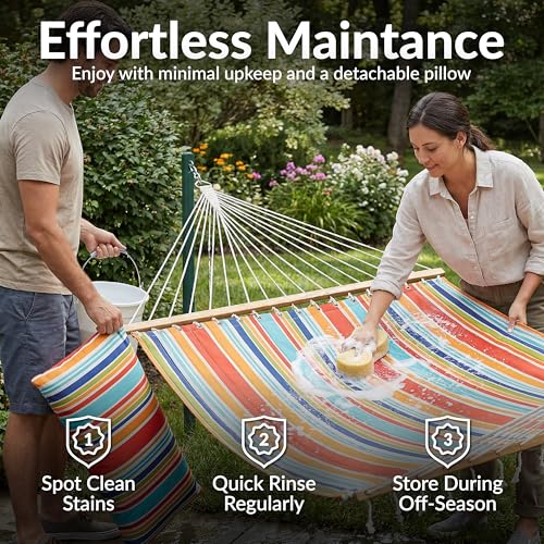 Sunnydaze Quilted Double Hammock for Outside with Spreader Bars and Pillow - 450 lb Capacity, 74x55 Inch Bed, UV Resistant, Quick Dry - Chains Included, Stand Sold Separately - Caribbean Stripe - color: Caribbean Stripe