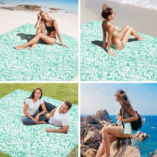 Beach Blanket Waterproof Sandproof Oversized, 110''×118'' Extra Large Beach Mat Sand Free, Lightweight Compact Folable Pinic Blanket w/ 4 Stakes & Pockets for Camping, Travel - color: Larkspur Mint, size: 9x10 FT (1～8 person)