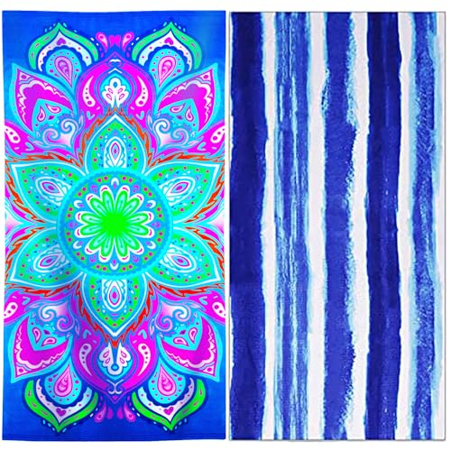 2 Packs Oversized Beach Towel Set Extra Large Big XL Pool Camping Swim Clearance Towels 36x72 Soft Blanket Cruise Essentials Accessories Must Haves Vacation Necessities Adult Blue Stripe Flower - color: Blue Stripe Flower