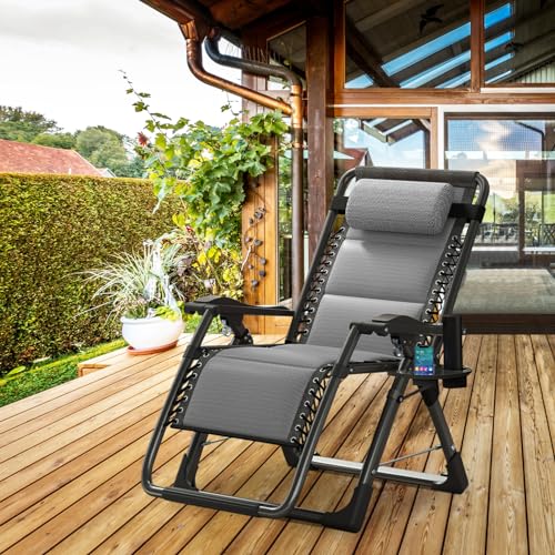 ABORON Zero Gravity Chair,Premium Outdoor Lawn Folding Lounge Chairs,Sturdy Adjustable Reclining Patio Chairs with Built in Cushion,Headrest & Tray - color: Ice Gray