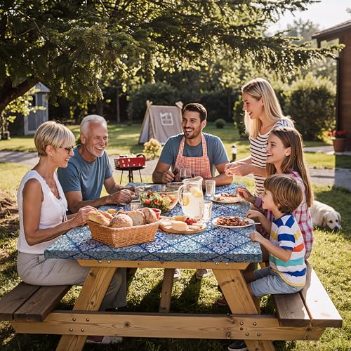 Fitted Waterproof Picnic Table Cover with Bench Covers Elastic Reusable Camping Table Cloths for 6Ft Rectangle Tables Summer Camp Motorhome Party Gear Outdoors Car Travel Trailer Gadgets Gift - color: Blue Flowers, size: 72" x 30" (Rectangular)