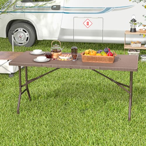 Tangkula 5FT Folding Table, Indoor Outdoor Foldable Plastic Table with Rattan Textured HDPE Tabletop, Sturdy Metal Fame, Carrying Handle, 4-6 Person Picnic Table for Camping BBQ Party - color: Coffee, size: 60 in, style: Classic