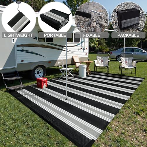 Lahome Striped Outdoor Plastic Straw Rug, Reversible Outdoor Rug Waterproof 9x12 Rugs for Patio, RV Camping Rug Picnic Mat Outside Large Carpet for Beach Deck Backyard Balcony(Black/Grey,9'x 12') - color: Black/Multi, size: 9'x12'