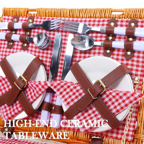 Neti Neti Wicker Picnic Basket for 4 with Insulated Cooler & Waterproof Blanket – Large Willow Picnic Hamper for Outdoor, Camping, Beach, Romantic Dates, Valentine’s Day - color: Red Plaid