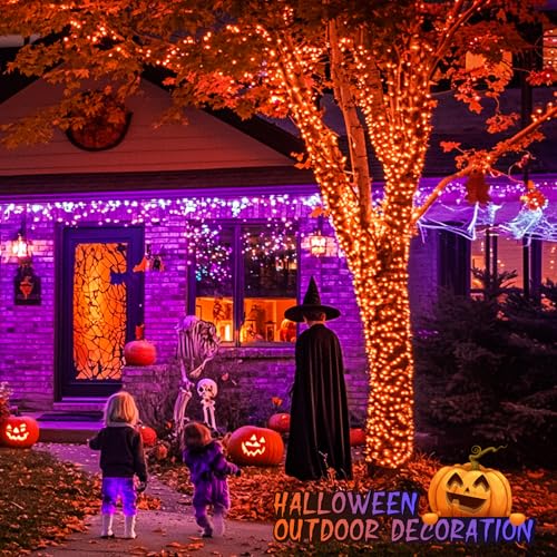 JMEXSUSS 168ft 600 LED Halloween Decor Lights Outdoor Clear Wire, Orange Purple String Lights Indoor Plug in,Halloween Lights for Tree Porch Yard Decorations - color: Orange to Purple, size: 600 LED