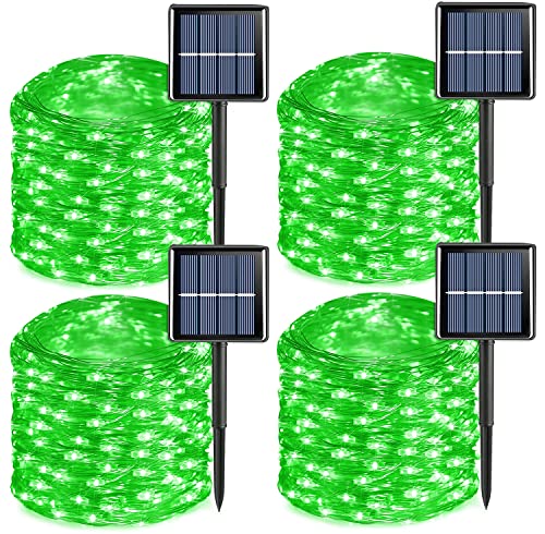 QITONG 4 Pack Solar Fairy Lights, Each 33ft 100 LED Green Christmas String Light Outdoor Waterproof, 8 Modes Silver Wire Twinkle Mini Lights - color: Green, size: 4Pack*100LED