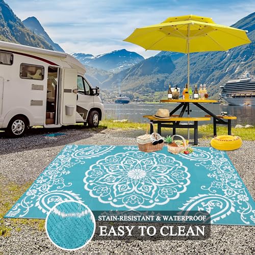 Pauwer Waterproof Outdoor Rug 5x8, Reversible Plastic Straw Patio Camping Rug, Indoor Outdoor RV Mat Carpet for Deck, Camper, Porch, Balcony, Backyard, Picnic, Boho Teal - color: Boho Teal, size: 5' x 8' (Rectangular)