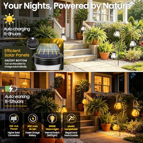 2 Pack Solar Lights Outdoor Waterproof, Round Solar Garden Lights with Hemp Rope Handle, Warm White Starburst Effect LED String Lights for Patio Lawn Decor, Gardening Gifts for Mom Women