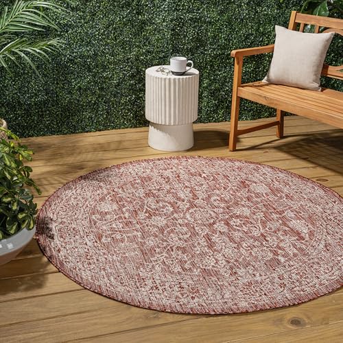 JONATHAN Y Weave Floral Indoor Outdoor Round Area Rug 8 Ft Red/Taupe, Tela Bohemian Textured for Backyard, Patio, Porch, Easy-Cleaning, High Traffic, Pet-Friendly, Non-Shedding (SMB100A-8R) - color: Red/Taupe, size: 7'9" (Round)