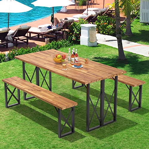 Giantex Outdoor Picnic Table Set with 2 Benches, Acacia Wood Patio Dining Set for 6 or 4 Persons, with 2” Umbrella Hole, 67” Large Rectangular Camping Table for Garden Lawn Yard 800 Lbs Capacity