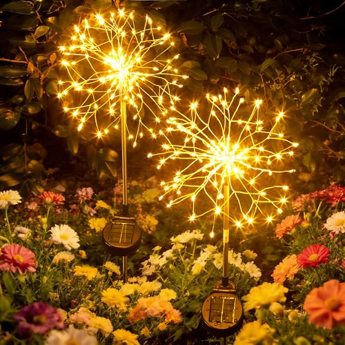 Solar Garden Lights Outdoor Yard Decorations, 2 Pack 150Leds Pathway Lights Stake, Fairy Firework Light for Garden, Patio, Pathway, Flowerbed Gold Color - color: Golden, size: 2 Pack