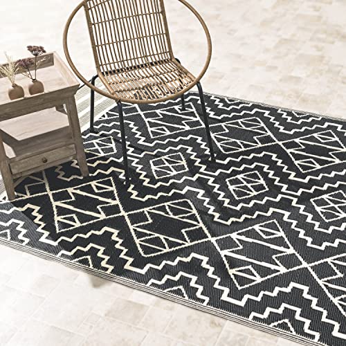 Fab Habitat Outdoor Rug - Waterproof, Fade Resistant, Crease-Free - Premium Recycled Plastic - Tribal Boho Neutral - Patio, Deck, Porch, Balcony, Laundry Room - Kilimanjaro - Black - 4 x 6 ft - color: Kilimanjaro - Black, size: 4' x 6' (Rectangular)
