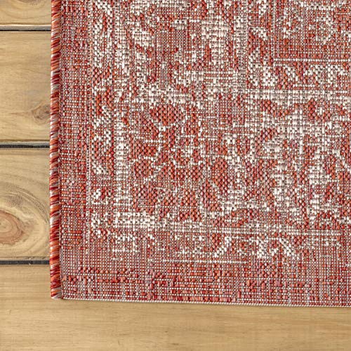 JONATHAN Y Weave Floral Indoor Outdoor Area Rug 5X8 Red/Taupe, Tela Bohemian Textured for Backyard, Patio, Porch, Easy-Cleaning, High Traffic, Pet-Friendly, Non-Shedding (SMB100A-5) - color: Red/Taupe, size: 5'3" x 7'7" (Rectangular)