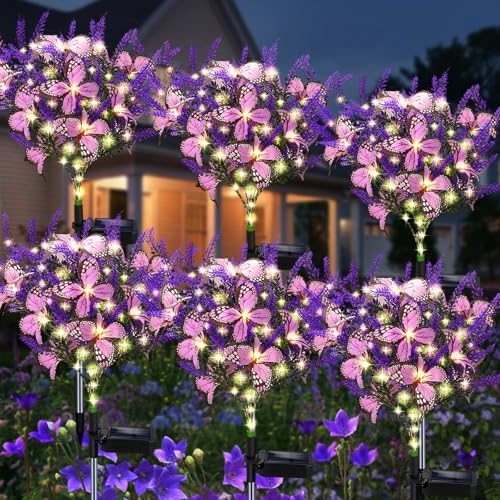Kohlrabi Solar Garden Lights Outdoor, 6 Pack Solar Butterfly Lights Purple Lavender Gardening Gifts for Women, Artificial Flower with Butterfly Purple Garden Decor for Lawn Patio-Warm White - color: Warm White, size: 6 Pack