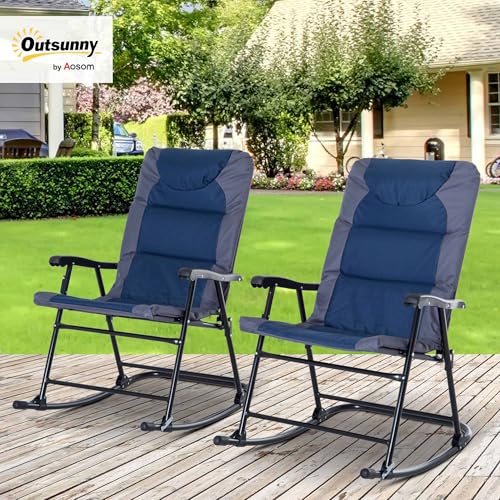 Outsunny Oversized Folding Rocking Camping Chair Set of 2, Padded Outdoor Rockers with High Back and Armrests, Portable Outdoor Patio Chairs with Steel Frame for Garden, Porch, Lawn, Navy Blue - color: Navy Blue