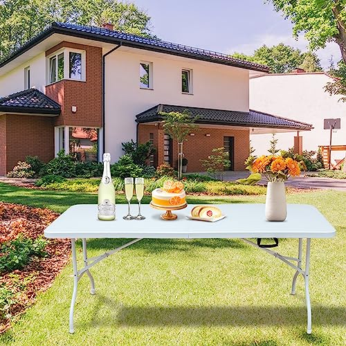6ft Plastic Folding Table Portable Heavy Duty White Dining Table Fold-in-Half for Camp Party Kitchen Indoor Outdoor - color: White, size: 6FT1, style: Flat Desktop