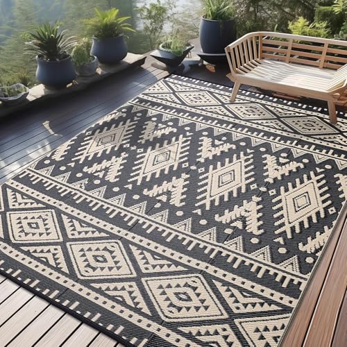 OLANLY Outdoor Rug Waterproof 10x14 ft, Reversible Outdoor Plastic Straw Rug, Boho Patio Rug, Indoor Outdoor Carpet, RV Mat Outside for Patio, Camp, Picnic, Balcony, Deck, Backyard, Black & Beige - color: Black & Beige, size: 10' X 14' (Rectangular)