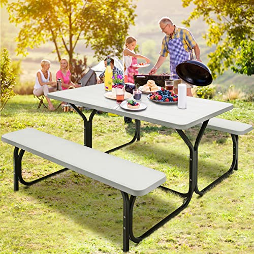Moccha Picnic Table Bench Set - Portable Plastic Picnic Table w/Steel Frame & Wood-Like Texture, All Weather Heavy Duty Picnic Table Kit, Picnic Tables for Outdoors Garden Patio Party Dining (White) - color: White