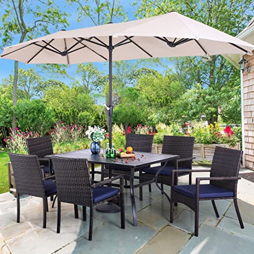 PHI VILLA 7 Piece Patio Dining Set with Umbrella, 60” Rectangular Metal Dining Table & 6 Cushioned Rattan Wicker Chairs & 13ft Large Beige Umbrella for Outdoor, Deck, Yard, Porch - color: Beige, size: 7 PCS 60" Steel Table