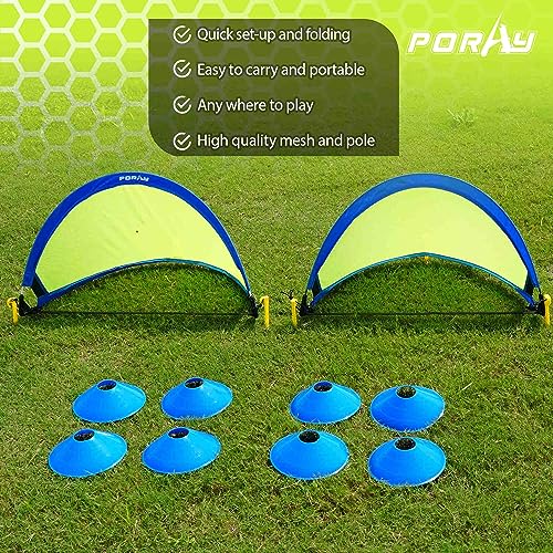 Poray Soccer Goal for Kid Easy-up Set of Two Portable Soccer Net 210D Oxford with 8 Field Marker Cones Extra Stakes Fun for Backyard and Soccer Training - color: Blue, size: 2.4ft