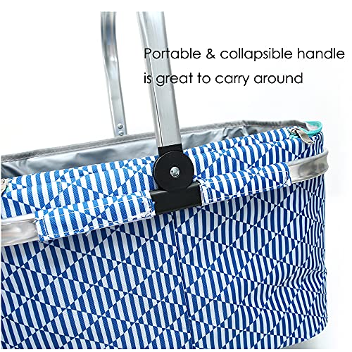 Insulated Picnic Basket 26L Portable Collapsible Market Leakproof Tote with Aluminum Handle for Camping, Shopping, Travel, Large Size (Blue) - color: Blue