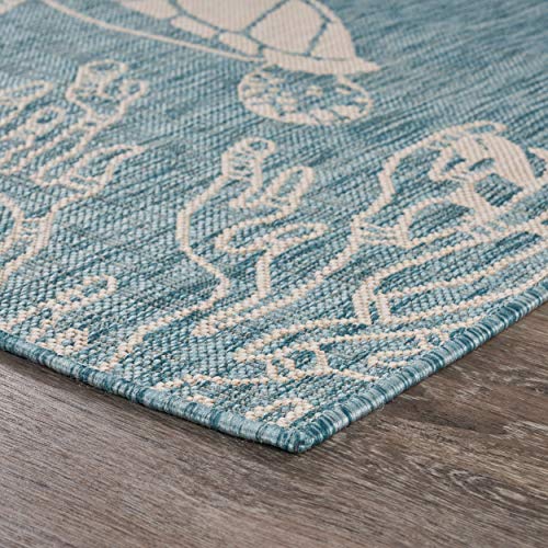 LR Home 5x7 Outdoor Area Rug | Turkish Carpet for Patio, Deck, Backyard, Garden, Front Porch, Picnic, Courtyard and Balcony | Large Boho Farmhouse Coastal, Beach, Coral Reef Themed Rug | Aqua/White - color: Aqua/White, size: 5'3" x 7' (Rectangular)