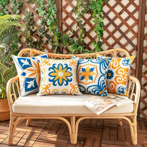 Pyonic Outdoor Pillow Covers 16x16 Spring Summer Garden Waterproof Throw Pillow Covers Cushion Case Patio Pillows for Couch Tent,Set of 4 Yellow and Blue - color: Yellow, size: 16" x 16" (Pack of 4)