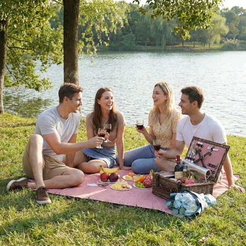 Picnic Basket Set for 4 Persons with Cooler and Waterproof Picnic Blanket, Classical Wicker Picnic Baskets with Waterproof & Sand-Proof Beach Mat,Willow Hamper Service Gift Set - size: 15.55" for 4 Persons with Cooler