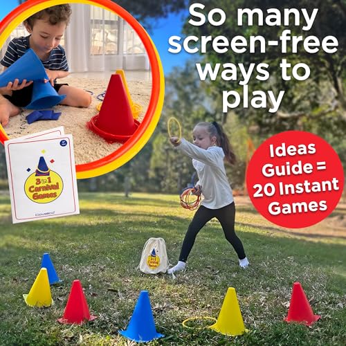 Ring Toss Game, Obstacle Course for Kids 3-5 & Birthday Party Games, Carnival Bean Bags for Tossing Gross Motor Toys for Toddlers 3-5, 12 Rings & 12 Bean Bags, 6 Cones for Kids, PE Equipment