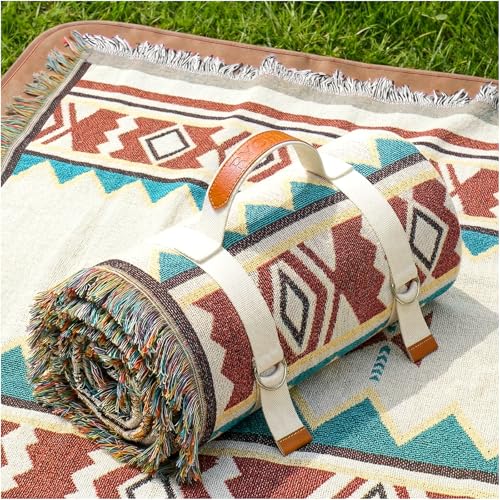 2 in 1 Extra Large Outdoor Picnic Mat Woven Summer Throw Blanket Boho Giant Beach Travel Essential Yoga Accessories Park Patio Lawn Garden Grass Ground Play Music Festival Concert Must Have - color: Boho Beige