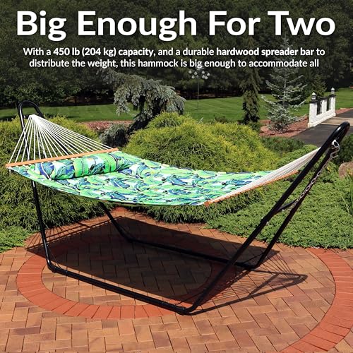 Sunnydaze Quilted Double Hammock for Outside with Spreader Bars and Pillow - 450 lb Capacity, 74x55 Inch Bed, UV Resistant, Quick Dry - Chains Included, Stand Sold Separately - Exotic Foliage - color: Exotic Foliage