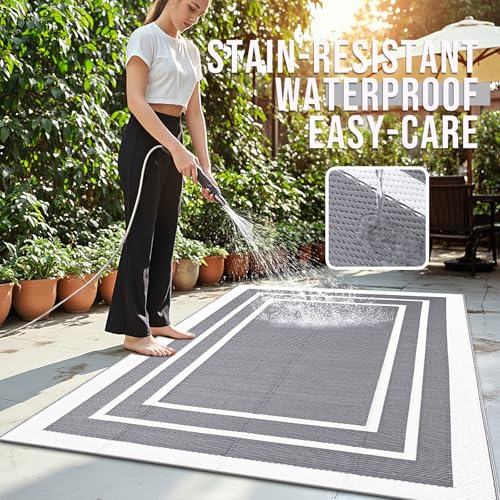 OLANLY Outdoor Rug 5x8 ft Waterproof, Reversible Outdoor Plastic Straw Rug, RV Mat, Indoor Outdoor Carpet Clearance for Patio, Camping, Balcony, Deck, Backyard, Grey & White - color: Grey & White, size: 5' X 8' (Rectangular)