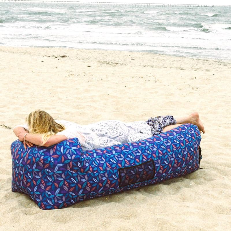 Inflatable Lounger with No-Pump Setup, Floating Portable Air Chair, Ripstop Polyester, Stability Peg for Beach, Camping, Festivals, Tailgating (Leaf) - style: Leaf