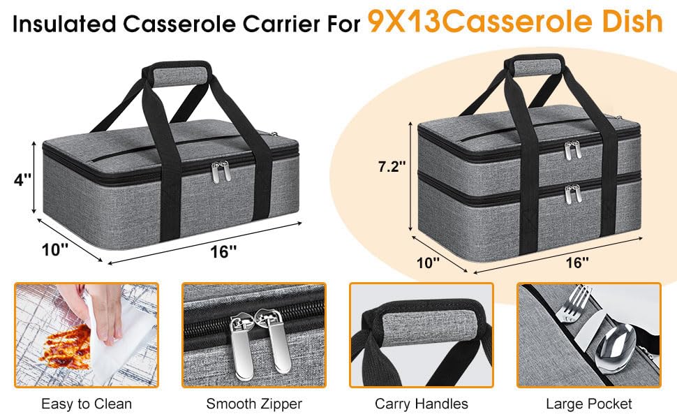 Insulated Casserole Carrier, Portable Casserole Carrier for Hot or Cold Food Lunch Tote Warmer or Cooler Bag, Lasagna Lunch Bag for Potluck Parties- Fits 9" x 13" Baking Dish-Charcoal Grey - color: Charcoal Grey, size: 16x10x4 in