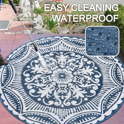 Capslpad 5x5 Floral Outdoor Rug for Patio Clearance Reversible Mat Round Portable Plastic Straw Carpet Waterproof Boho Indoor Outside Area Rugs for RV Camping Picnic Balcony Beach Deck, Blue - color: Blue, size: 5' (Round)