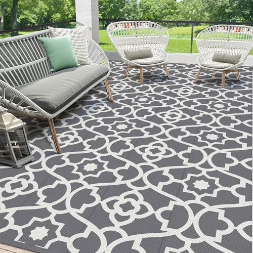 HEBE Outdoor Rug Waterproof 8x10, Plastic Straw Rug Camping Rug, Reversible Outdoor Patio Rugs RV Mat Clearance, Indoor Outside Floor Carpet for Porch,Deck,Camper,Balcony,Backyard - color: Grey, size: 8' x 10' (Rectangular)