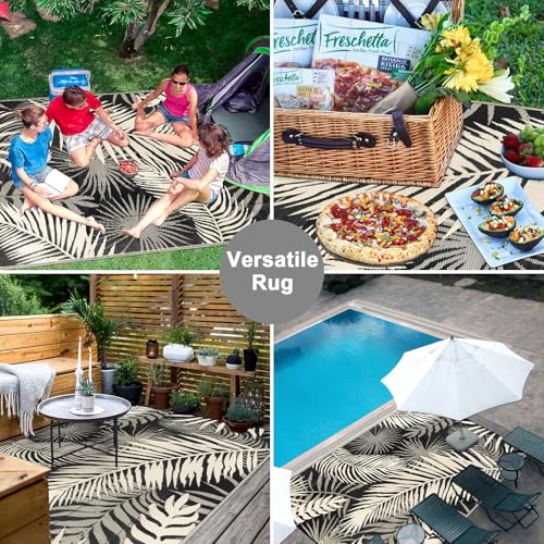 Outdoor Rug Waterproof for Patios Clearance, Reversible Outdoor Plastic Straw Rug Camping Carpet, Outside Floor Mats Large Area Rugs for RV,Patio,Deck,Porch,Beach, Balcony，8'x10',Black&Beige - color: Black&beige, size: 8' x 10' (Rectangular)