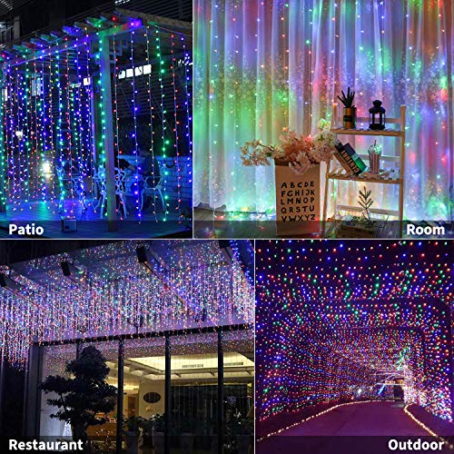 Brightown 300 LED Curtain String Lights, 9.8 FT Hanging Fairy Lights with Remote, 8 Modes, Waterproof Window Lights for Bedroom Backdrop Wedding Outdoor Christmas Decoration, Multicolor - color: Multicolored, size: 300LED