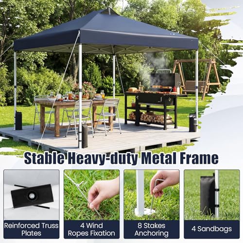 Tangkula 10 x10 Ft Pop Up Canopy with Center Lock, UPF 50+ One-Button Setup Outdoor Canopy Tent with Roller Bag, 4 Sand Bags, Heavy-Duty Steel Frame, 8 Stakes, 4 Ropes for Camping, Picnic - color: Blue