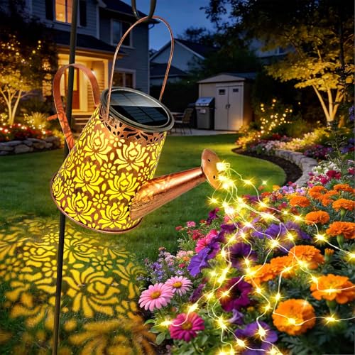Anordsem Solar Watering Can Lights: Metal Lotus Lantern Outdoor with Hook - Waterproof Garden Art Hanging Decoration for Yard Patio Lawn - Christmas Birthday Gifts for Women Mom Grandma - color: Lotus-pattern