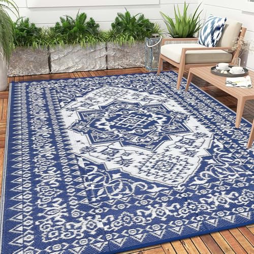 GarveeHome Large Outdoor Rug 9x18 Waterproof Reversible Mat Palm Retro Oriental Camping Rugs Indoor Outdoor Rugs Carpet Plastic Straw Rug for Patio Deck Balcony Pool RV Camping, Dark Blue and White - color: Vintage Navy/White, size: 9' x 18' (Rectangular)