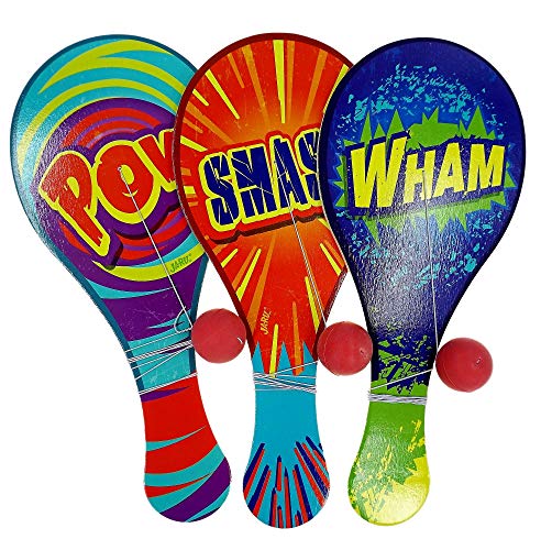 JA-RU Wooden-Paddle Ball with String (Pack of 3) Vintage Retro Toys Paddle Ball Set | for Kids, Boy and Girl Toy | Indoor, Outdoor Set Games | Party Favors Birthday. Plus 1 Bouncy Ball | 751-3p - size: 3 Packs