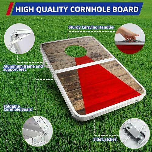 Portable Cornhole Board Set with Aluminum Alloy Edging,2x1.3ft Foldable Corn Hole Games for Adults and Family with 8 Bean Bags for Outdoor Backyard Travel Tailgate Camping - color: Red and Blue