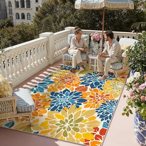 HUGEAR Floral Textured Weave Indoor Outdoor Area Rug 5X7 Washable High Traffic Stain Resistant Non Slip Durable Carpet for Livingroom Patio Deck Balcony Courtyard (Colorful, 5' x 7') - color: Multi Floral / Colorful, size: 5'x7' (Rectangular)