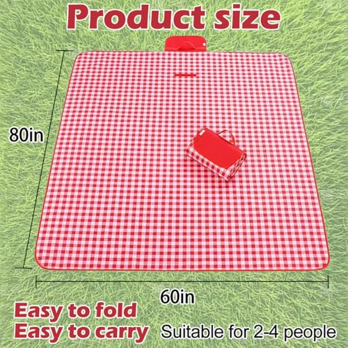 Extra Large Picnic Outdoor Blanket, 80''x60'' Waterproof Sand Beach Mat, Foldable Blankets Gingham Picnic Mat for Beach Camping Grass Lawn Park Hiking Travel Accessories Family Concerts(Red White) - color: Red, size: 80''x60''
