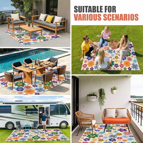 Retro Bohemia Floral Outdoor Rug 6' x 9', Blue Purple Flowers Boho Style Beige Washable Area Rug for Outdoor Indoor, Non Slip Outside Large Rugs Carpet for RV Patio Backyard Picnic Camping Porch Deck - size: 6' x 9' (Rectangular)