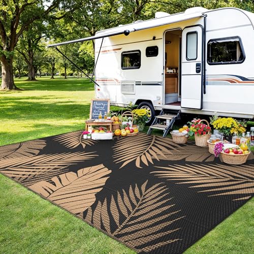 sarben Outdoor Rug 4’x6’ Waterproof for Patio Clearance, Reversible Indoor Outdoor Plastic Straw Camping Rug Carpet, RV Mat, Large Area Rug for Deck, Backyard, Balcony, Porch, Beach, Black & Brown - color: Black & Brown | Waterproof, size: 4' X 6' (Rectan