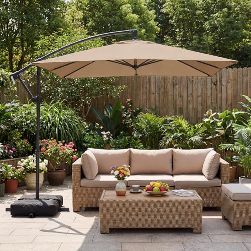Tangkula 8x8 FT Patio Umbrella with Base Included, Square Offset Cantilever Outdoor Umbrella with 360 Degree Rotation, Crank Handle, Sandbags, 8 Ribs for Pool Deck Garden Backyard - color: Tan, size: 8 FT