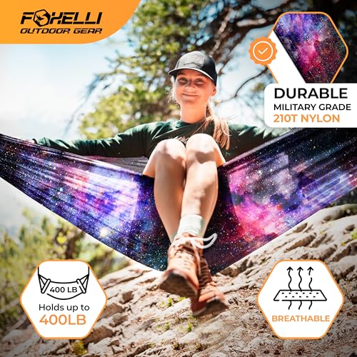 Foxelli Camping Hammock – Ultralight Hammock for Backpacking, Hiking, Festivals, Travel - Easy Setup with Tree-Friendly Ropes & Steel Carabiners, Heavy Duty Parachute Nylon - color: Universe
